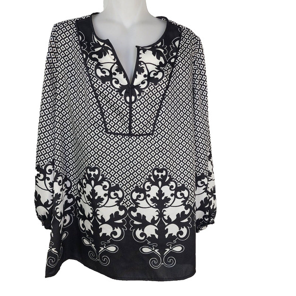 Chico's Womens Top Blouse Size 1 US 8 Artisan Geometric Peplum Long Sleeve Woven - Picture 1 of 12
